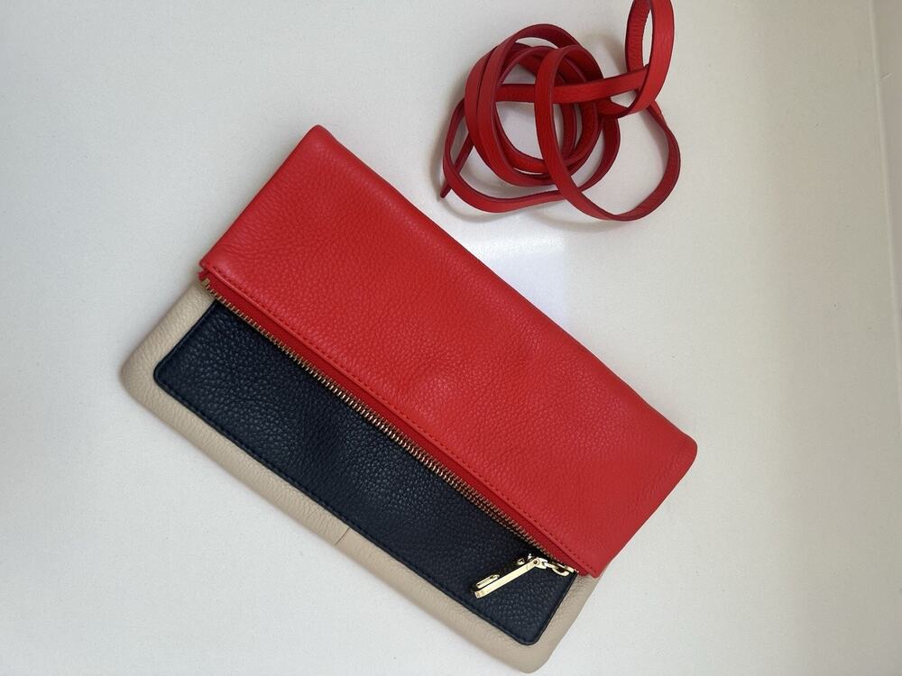 Gap Foldover Red And Blue Convertible Leather Clutch And Crossbody Purse